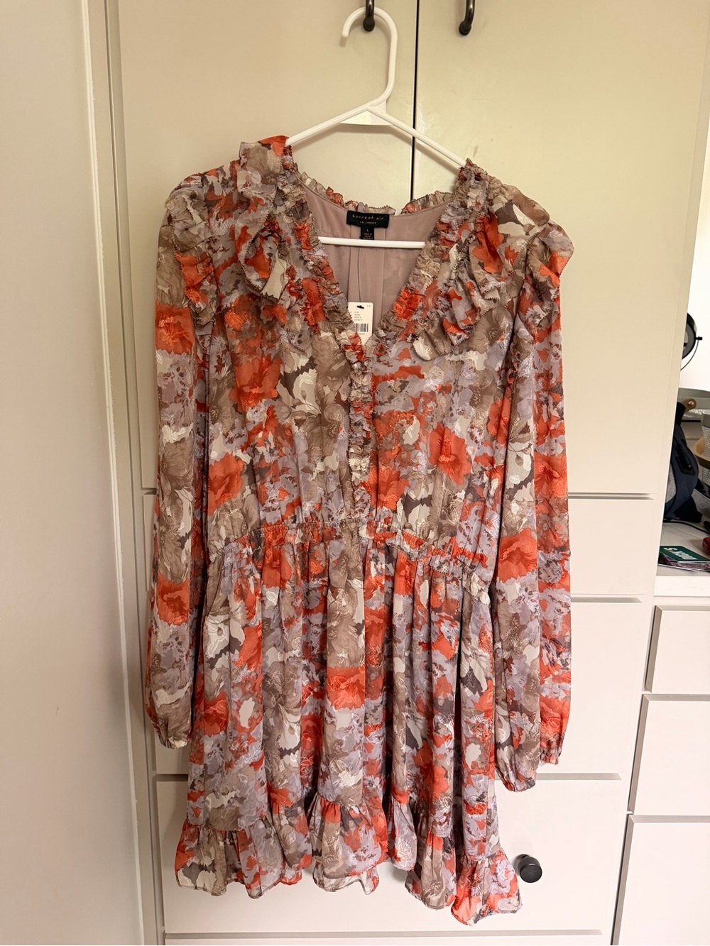 Current Air Floral Ruffle V-Neck Dress in Coral and Taupe